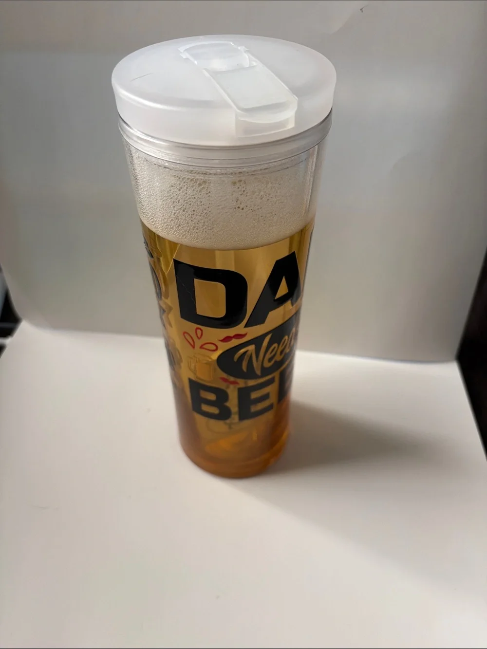 Dad Needs Beer 24 oz Faux Beer Flip Straw Tumbler